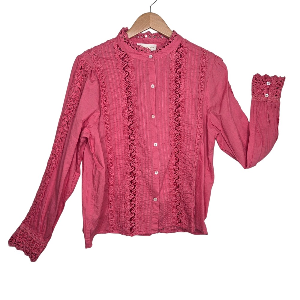 Jennifer & Grace Women Pink Cotton Lace Crochet Pintuck Blouse Size L Romantic